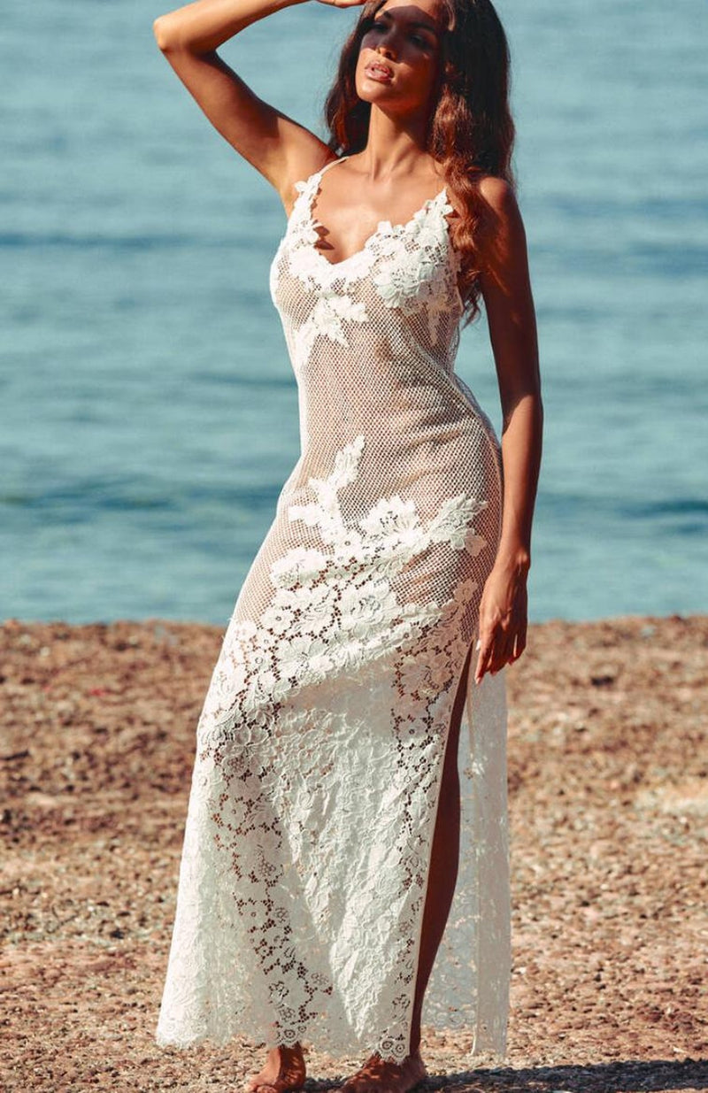 Robe longue Écume en dentelle ivoire, vue de face