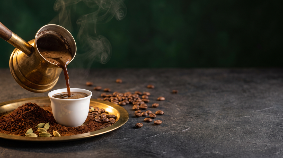 Café libanais à la cardamome versé depuis une rakwe en laiton