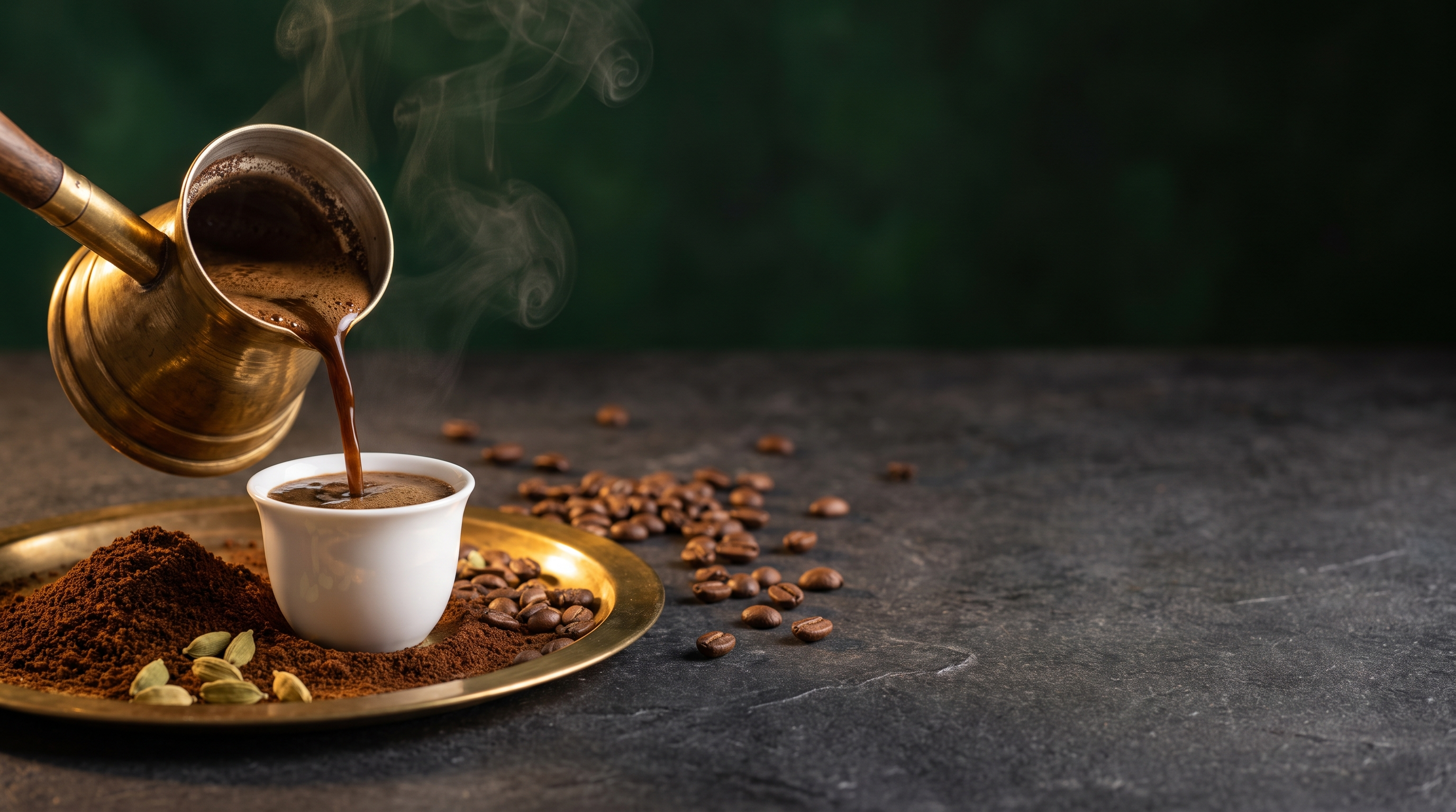 Café libanais à la cardamome versé depuis une rakwe en laiton