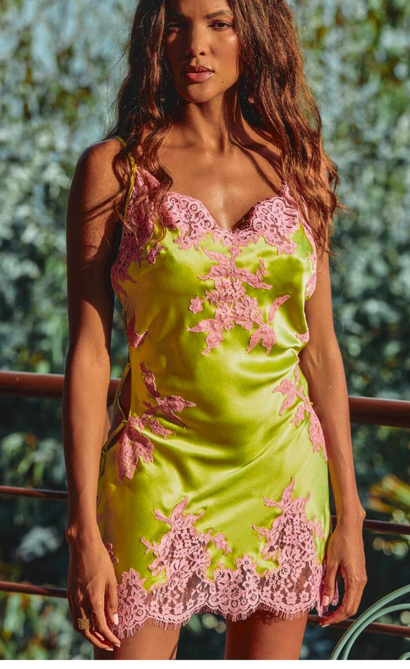 Nuisette Anis en satin vert et dentelle rose, vue de face
