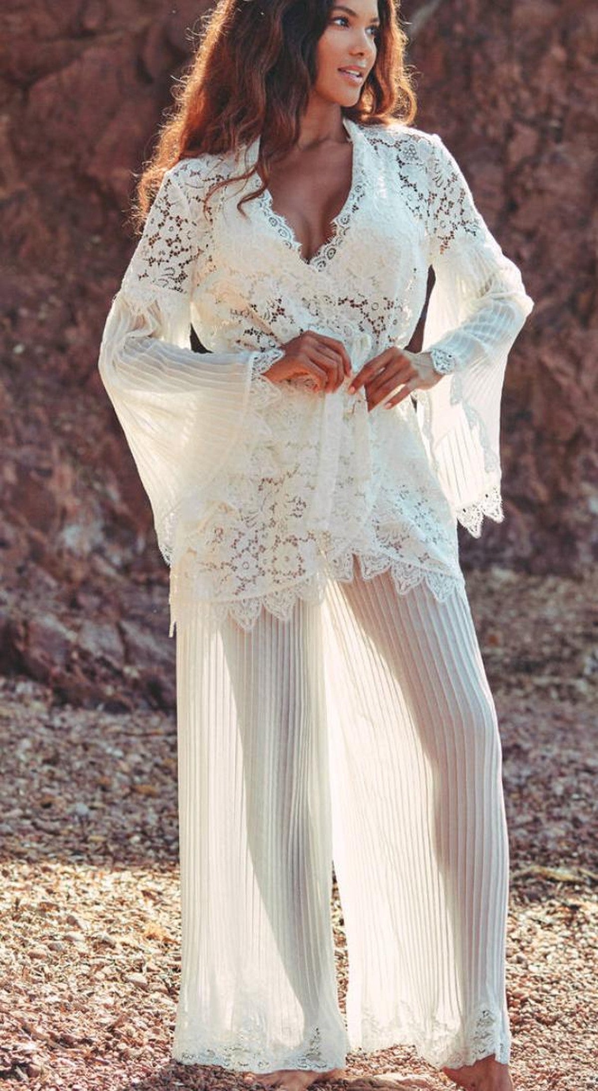 Ensemble Écume, veste et pantalon en dentelle ivoire