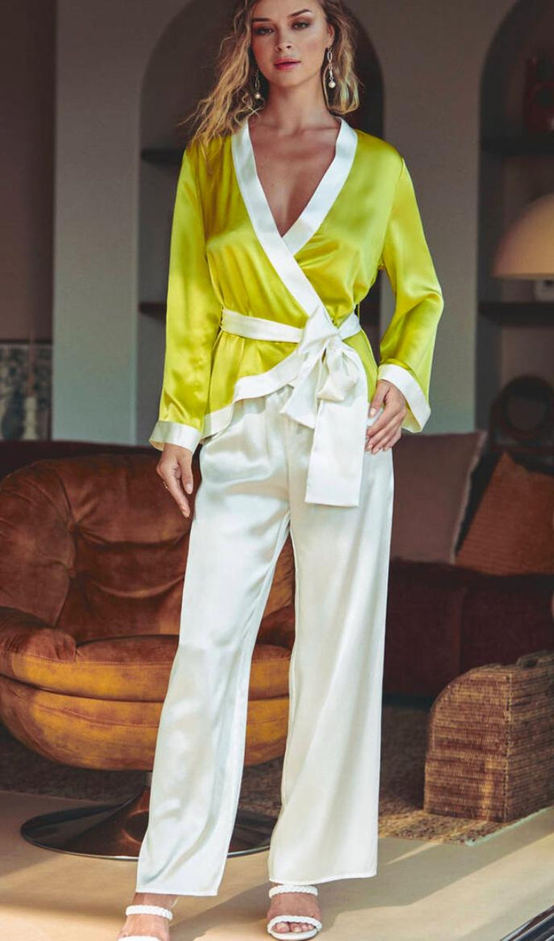 Pyjama Riviera, veste croisée citron et pantalon large ivoire